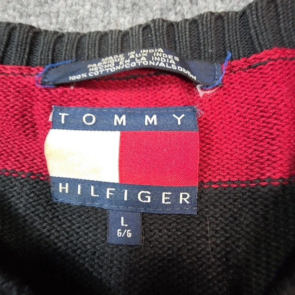 Tommy Hilfiger Sweater Mens Large Black Stripe Crewneck Knit Pullover Logo